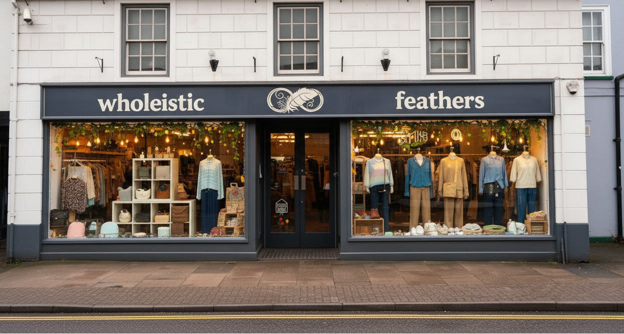 Storefront with 'wholeistic feathers' branding, displaying clothing and products.