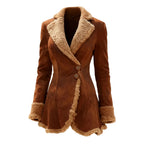 Brown suede coat with beige shearling trim on a white background