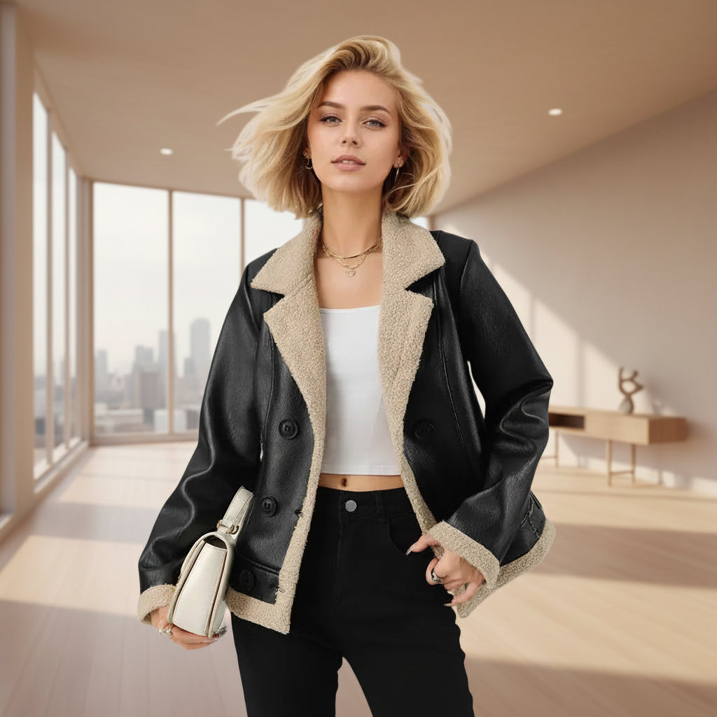 Woman wearing a black leather jacket with beige fur lining on a white background