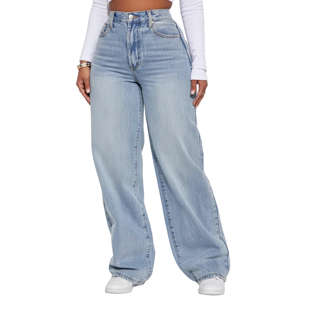 Light blue jeans worn by a person on a white background