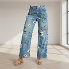 Floral-patterned jeans worn by a person on a street.