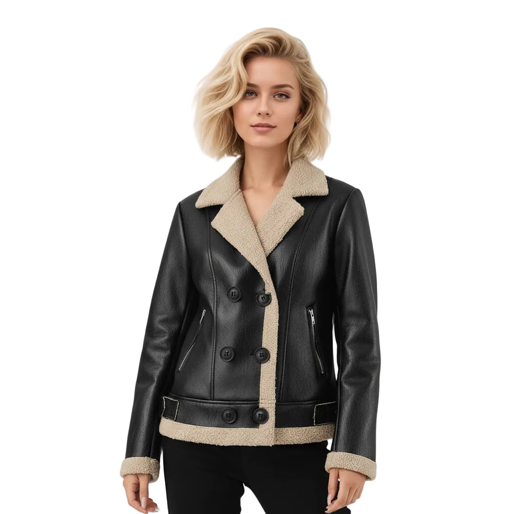 Woman wearing a black leather jacket with beige shearling trim on a light gray background