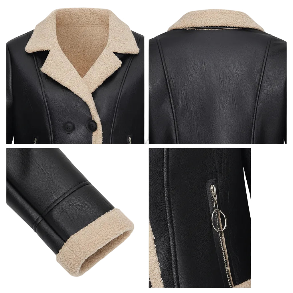 Black leather jacket with beige shearling collar and cuffs, shown from different angles.