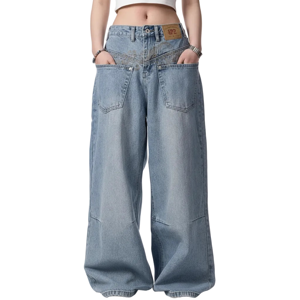 Wide-leg jeans worn by a person on a white background