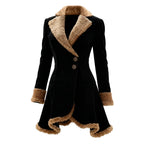 Black coat with brown fur trim on a white background