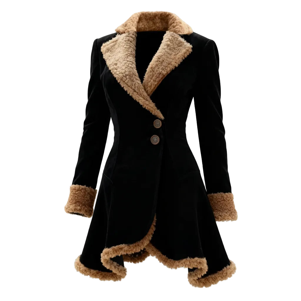 Black coat with brown fur trim on a white background