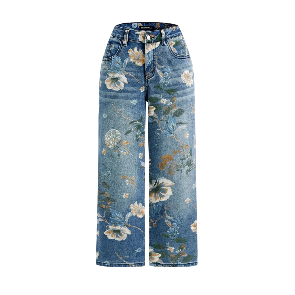 Floral-patterned jeans on a light gray background