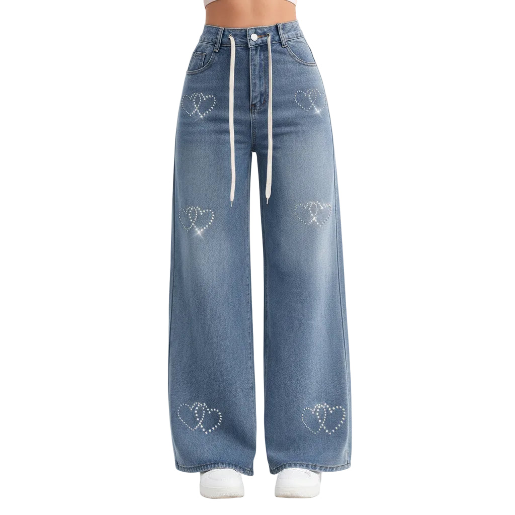 Wide-leg jeans with heart designs on a white background