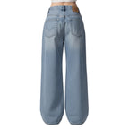 Blue jeans with a brand logo on a white background