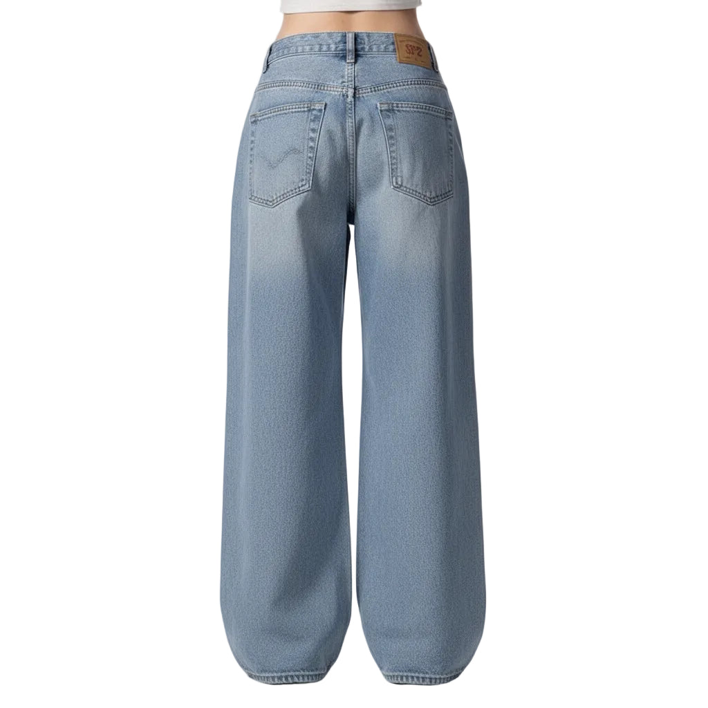 Blue jeans with a brand logo on a white background