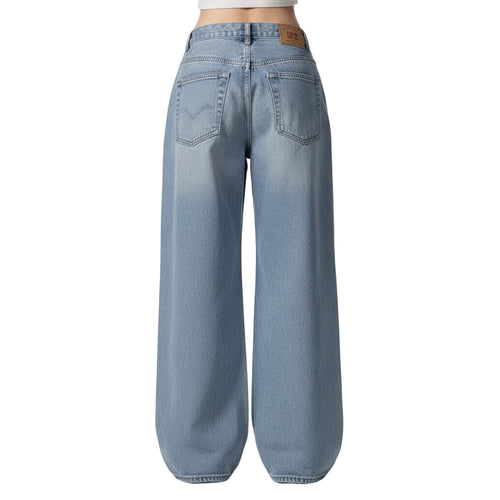 Blue jeans with a brand logo on a white background