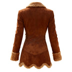 Brown suede jacket with fur trim on a white background