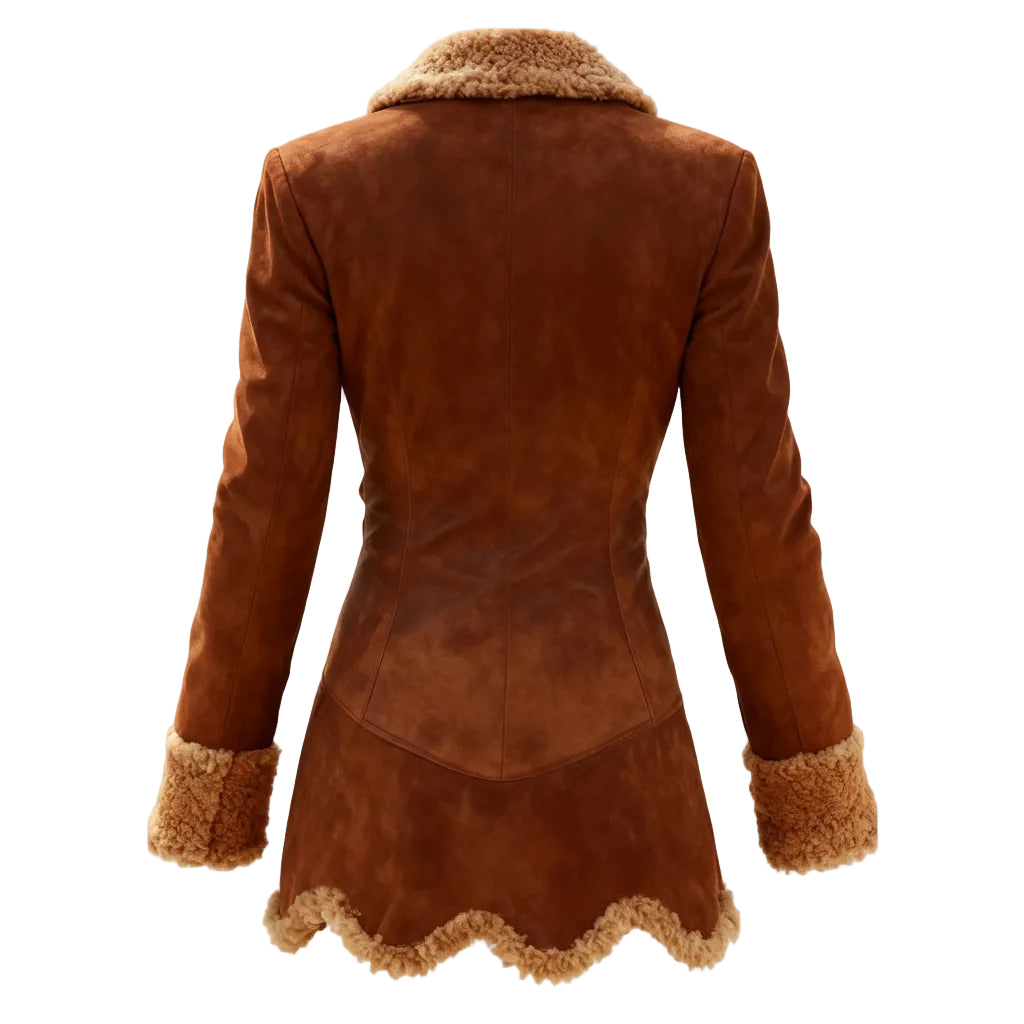 Brown suede jacket with fur trim on a white background