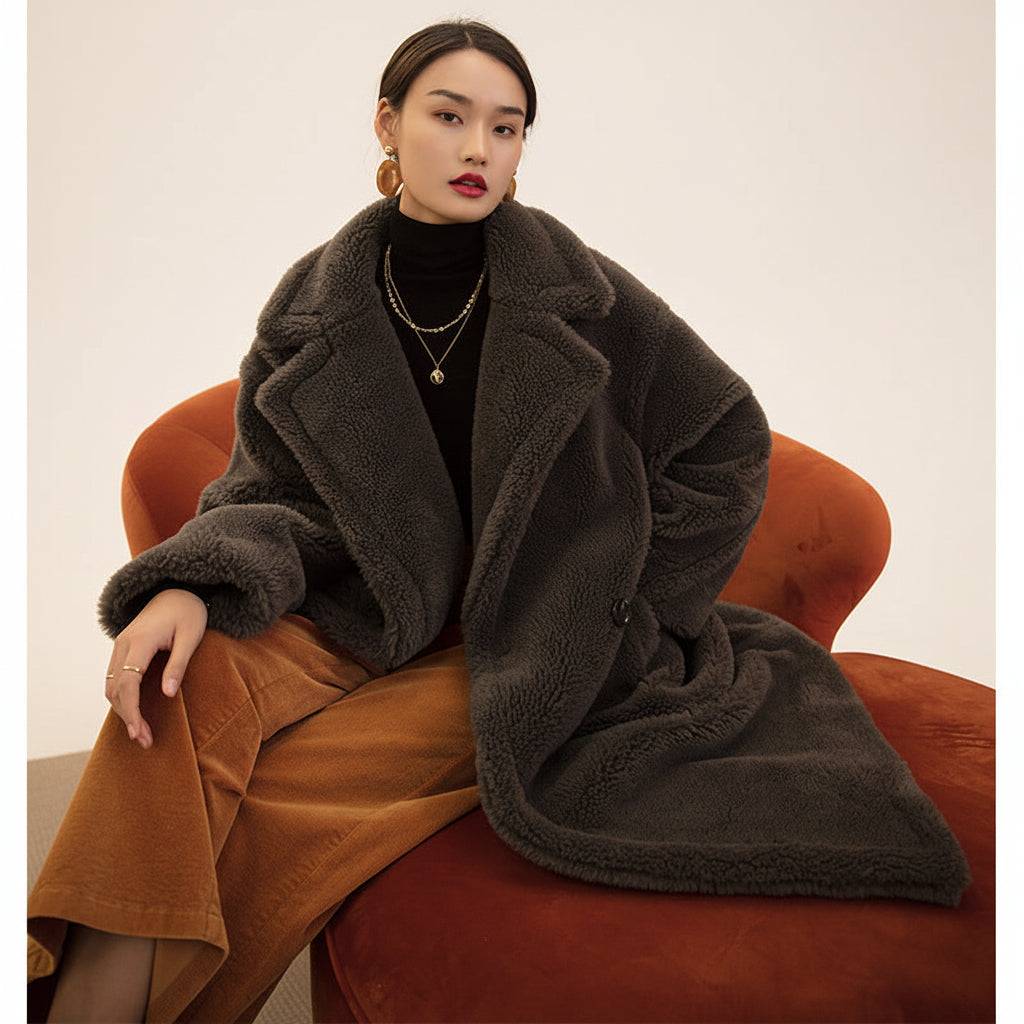 Woman wearing a dark gray coat sitting on an orange couch in a warm-toned room.